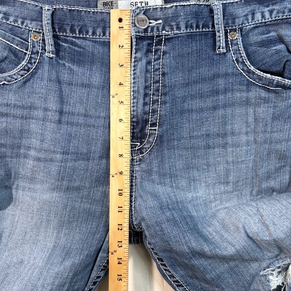 BKE Denim Seth 42R Mens Blue Distressed Thrashed Trashed Straight Leg Jeans - Picture 9 of 10
